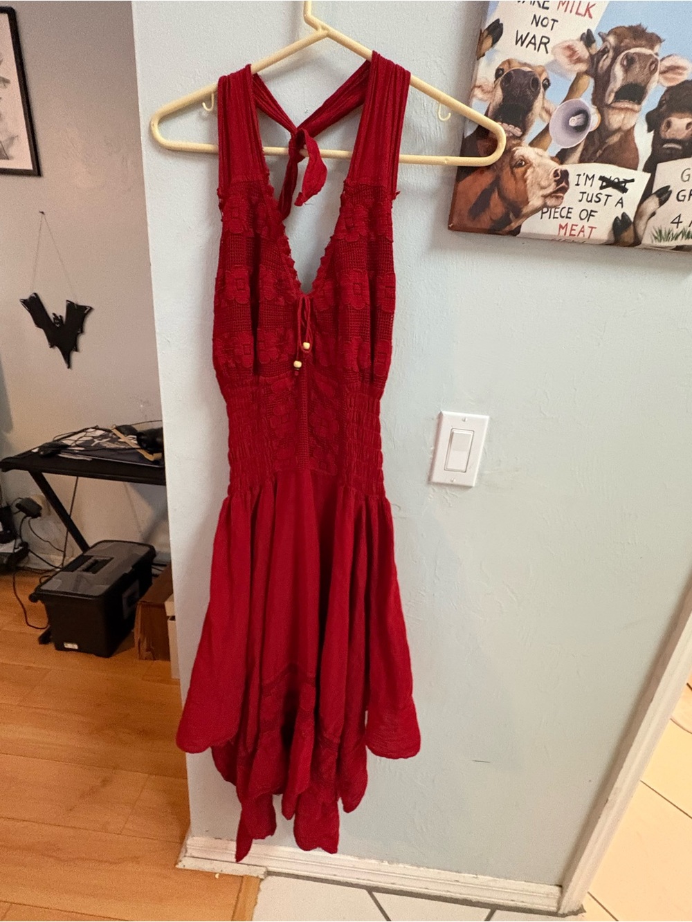 (2/20) Red Halter High-Low Dress with Lace Bodice